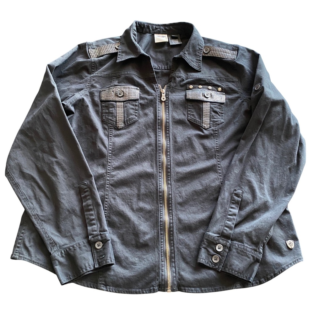 Harley-Davidson Jacket Womens 1W Black Sequin Bar & Shield Zip-Up Moto Bikercore